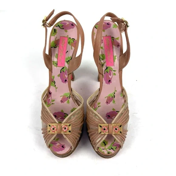 Betsey Johnson Jaya Heels 7.5 Barbiecore Pale Pink Floral Shoes Wood Platform - Picture 2 of 11